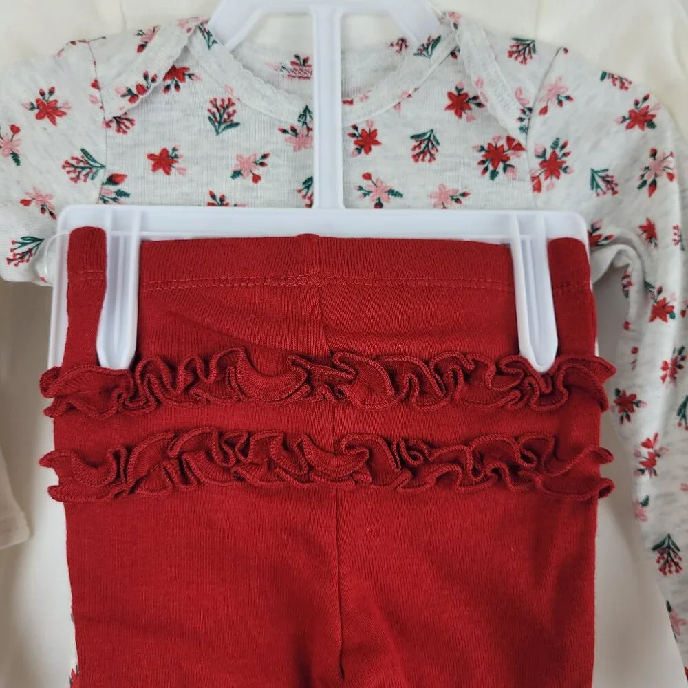 3pc Carter's Newborn Baby Girl Pants bodysuits Long sleeve Christmas Embroidered